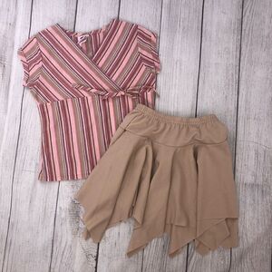 Cylinder Girls v-neck stripe top & angle cut skirt set pink & tan sz 7 girls